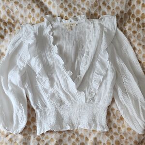 White Ruffled Smocked Blouse with Puff Sleeves